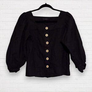 J CREW Black Linen Square Neck Crop Button Front Up Puffy Sleeve Top Blouse XS